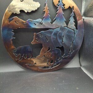 Bear Family Metal Wall Art Rustic Woodland Decor Round 12" Scene Handcrafted